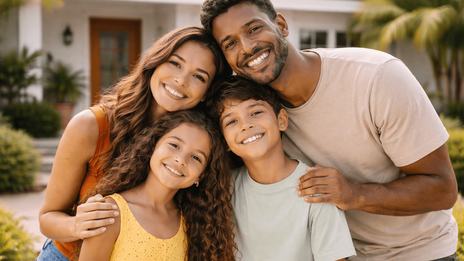 Família reunida e sorrindo em frente à residência, representando cobertura por morte em seguro habitacional, garantindo proteção financeira e segurança aos beneficiários.